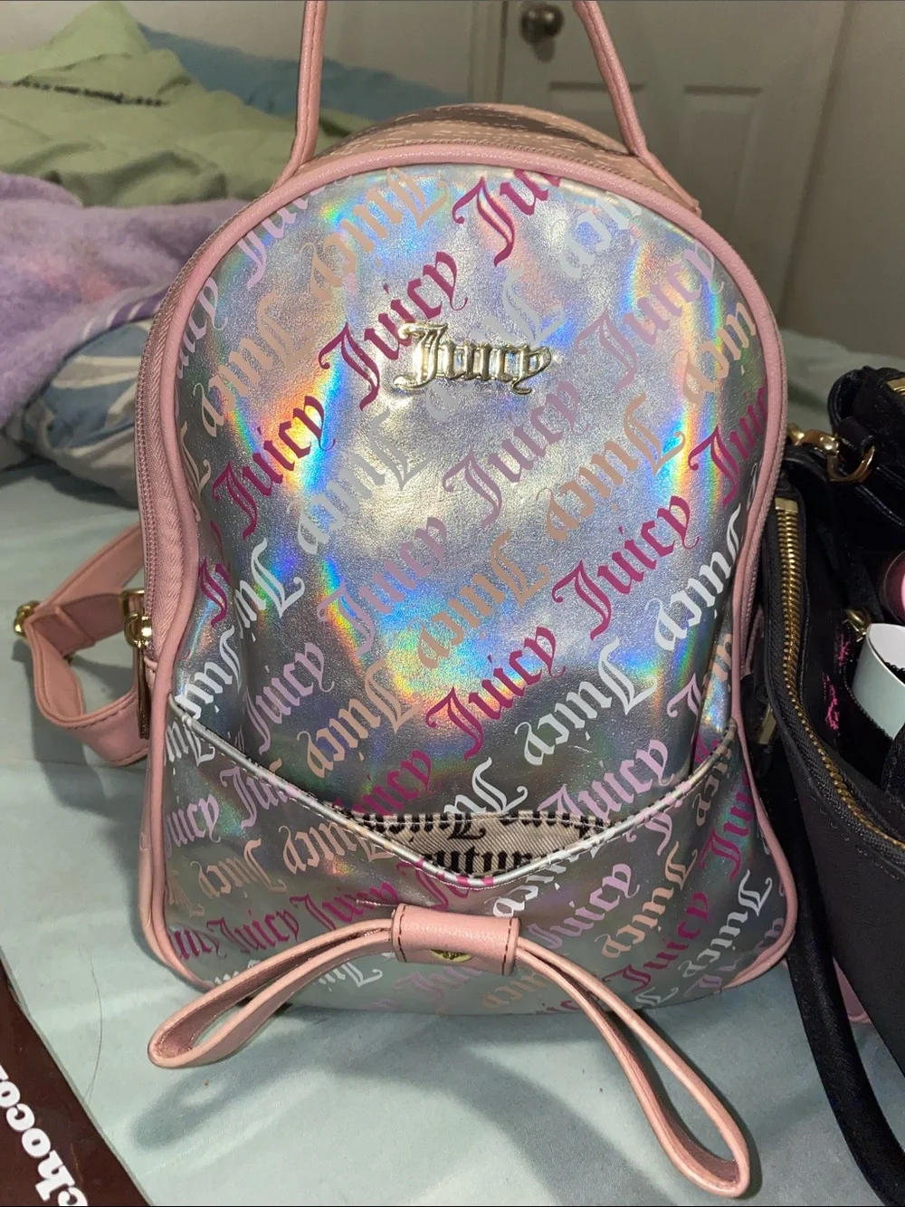 Juicy Couture Holographic Pink Mini Backpack Peek-A-Bow